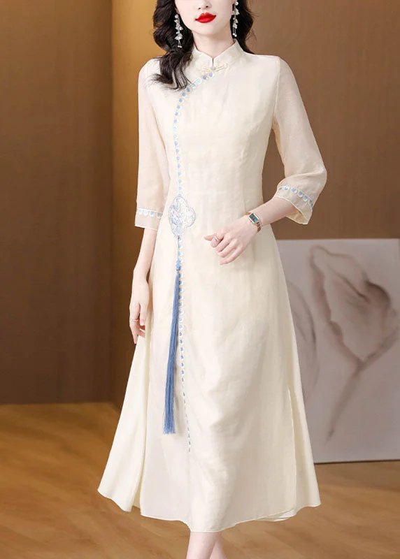 mini dressStylish Apricot Stand Collar Embroidered Tassel Silk Long Dresses Fall