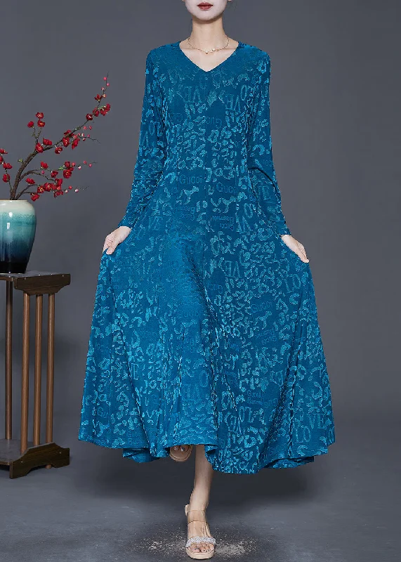 v-neck dressBlue Silm Fit Silk Velour Robe Dresses Jacquard Spring