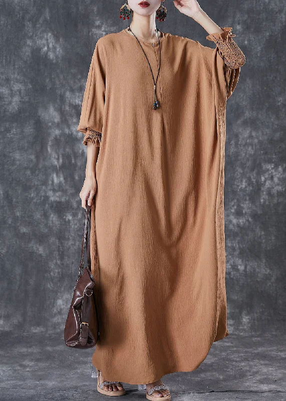 party dressKhaki Cotton Holiday Dress Oversized Batwing Sleeve