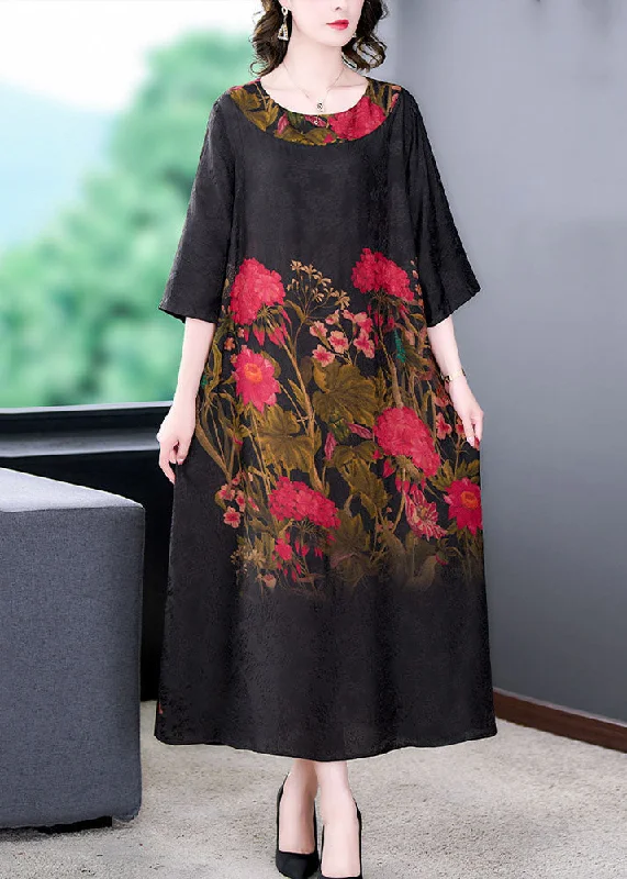 sleek midi dressElegant Black O Neck Print Patchwork Silk Long Dress Summer