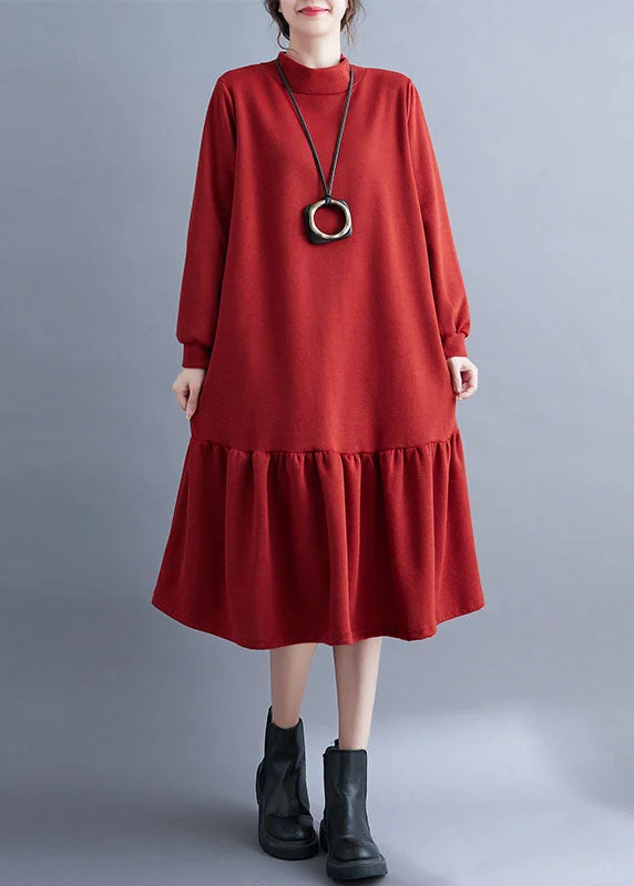 casual shift dressFrench Red Turtleneck Ruffled Patchwork Thick Maxi Dresses Fall