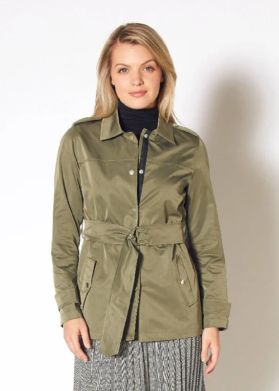 outdoor adventure coatWomen's Olive Windbreaker Belted Collar Jacket in Olive