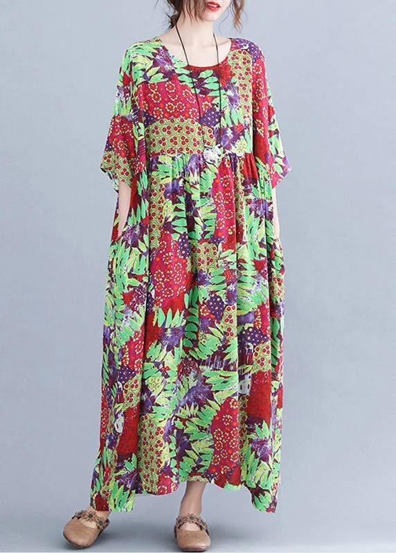 long-sleeve floral dressGreen Patchwork Wrinkled Party Long Dress Short Sleeve