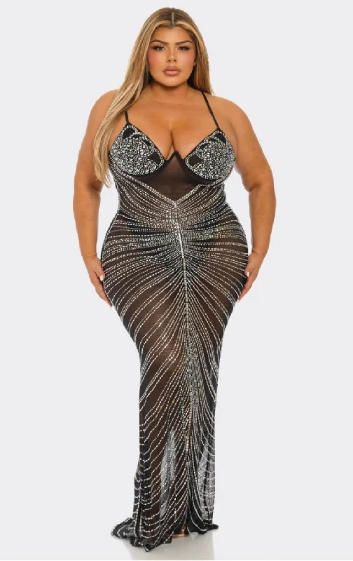 sleek midi dressMs Sexy  Black Rhinestone Sheer See Through Fishnet Maxi Dress