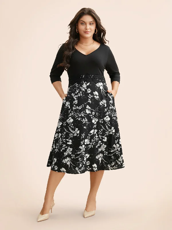 flowy dressFloral Patchwork Lace Trim Midi Dress