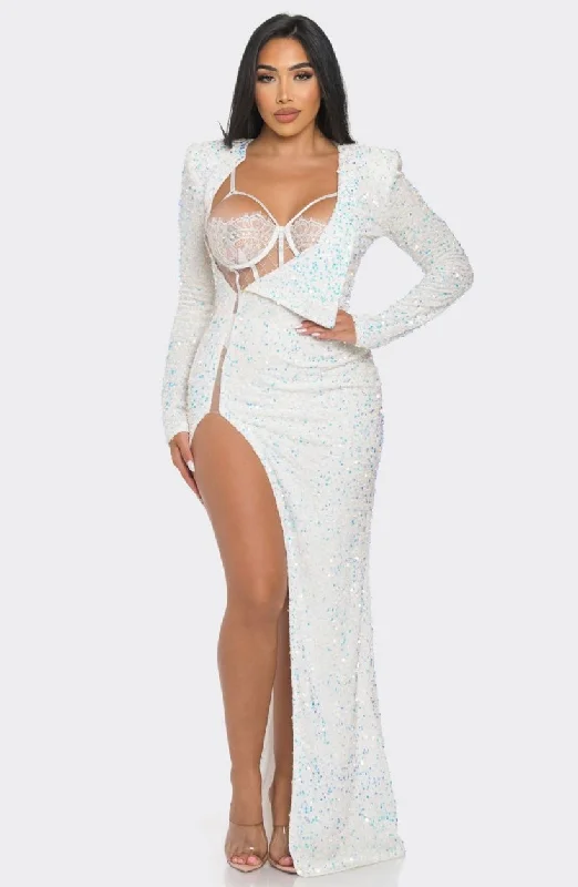 off-shoulder dressPairs White Iridescent Sequin Maxi Long Sleeve Dress