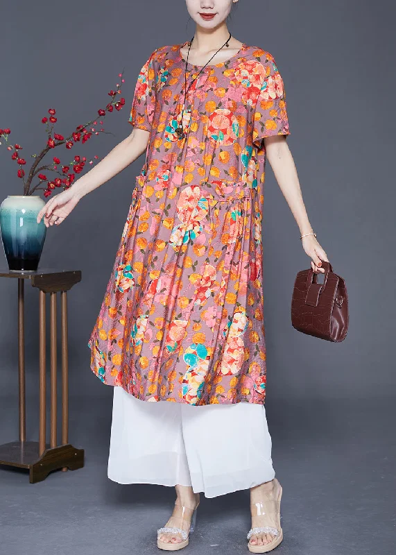 sleek midi dressClassy Orange O-Neck Print Linen Long Dress Summer