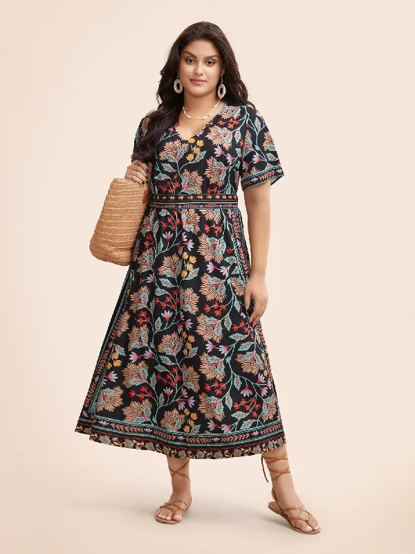 elegant shift dressBoho Print Shirred Pocket Midi Dress