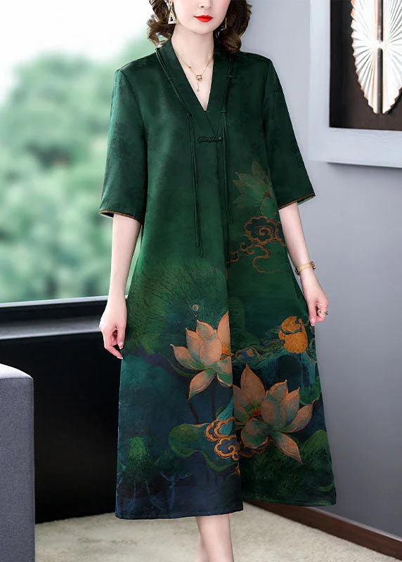 casual dressRetro Green V Neck Tasseled Print Patchwork Silk Dress Summer