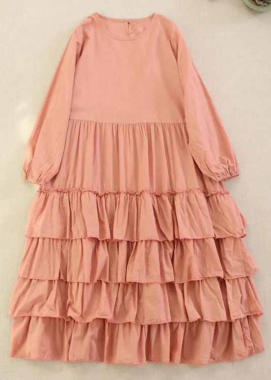 elegant maxi dressClassy Pink Solid O-Neck Ruffled Cotton Long Dress Long Sleeve