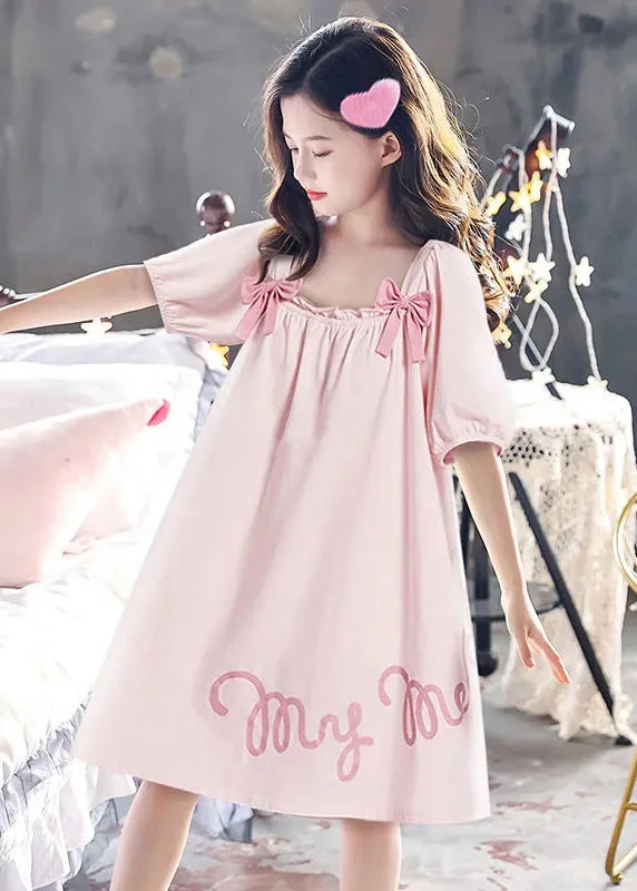 minimalistic dressElegant Pink Wrinkled Graphic Bow Cotton Girls Maxi Dress Short Sleeve