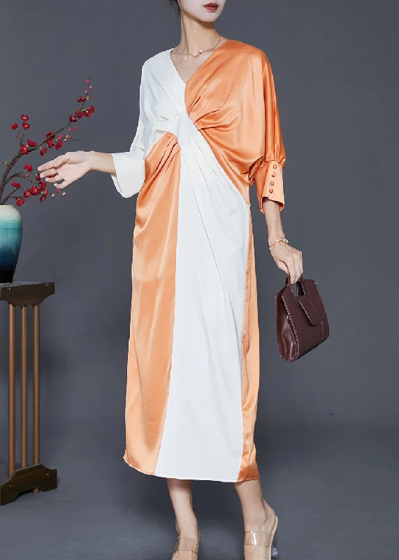 elegant shift dressFrench Colorblock V Neck Patchwork Wrinkled Silk Long Dresses Fall