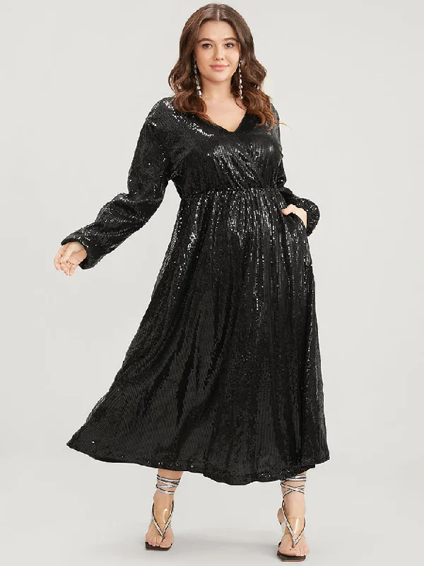 formal dressSolid Lantern Sleeve Pocket Wrap Sequin Maxi Dress