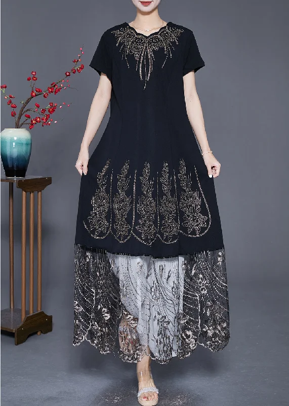 trendy wrap dressBohemian Black Embroideried Tulle Patchwork Zircon Cotton Dress Summer