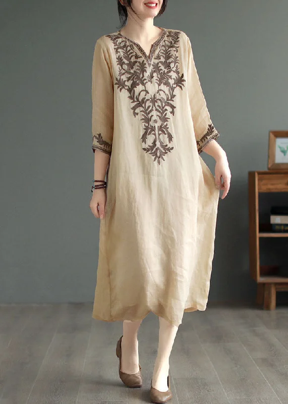 party-ready dressVintage Khaki V Neck Embroideried Patchwork Linen Dress Summer