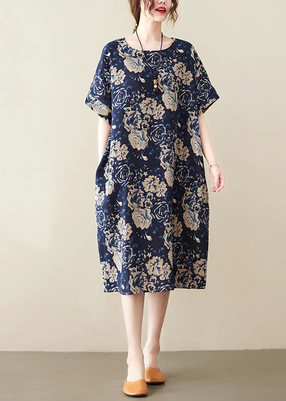 ruffle dressArt Navy Blue O-Neck Print Maxi Dress Short Sleeve