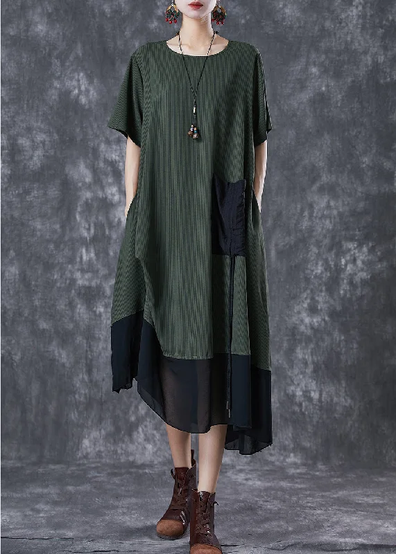 casual knit dressWomen Army Green Cinched Patchwork Chiffon Maxi Dresses Summer