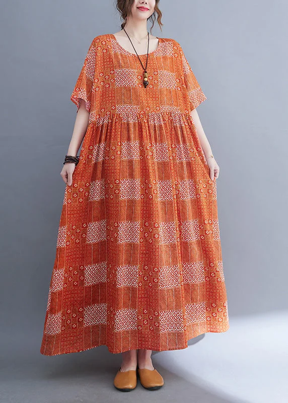 backless dressPlus Size Orange O-Neck Patchwork Wrinkled Party Maxi Dress Summer