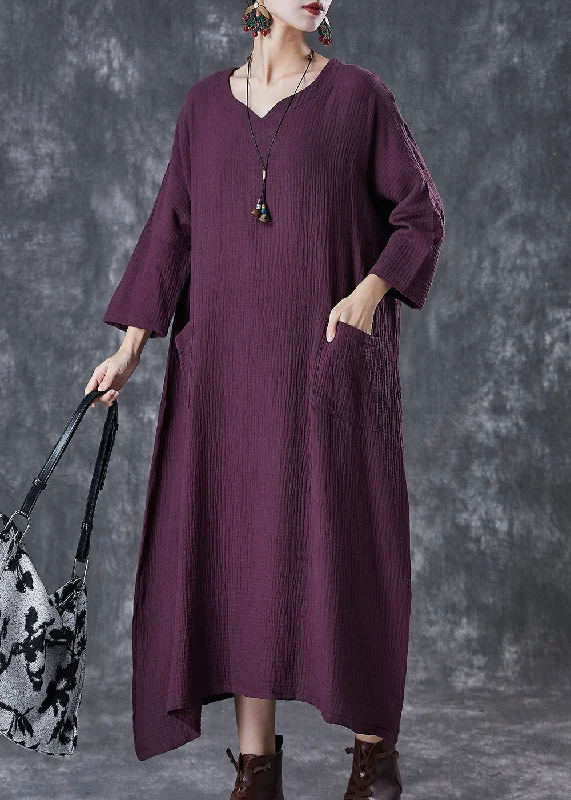 casual slip dressStylish Purple Oversized Wrinkled Cotton Long Dresses Fall