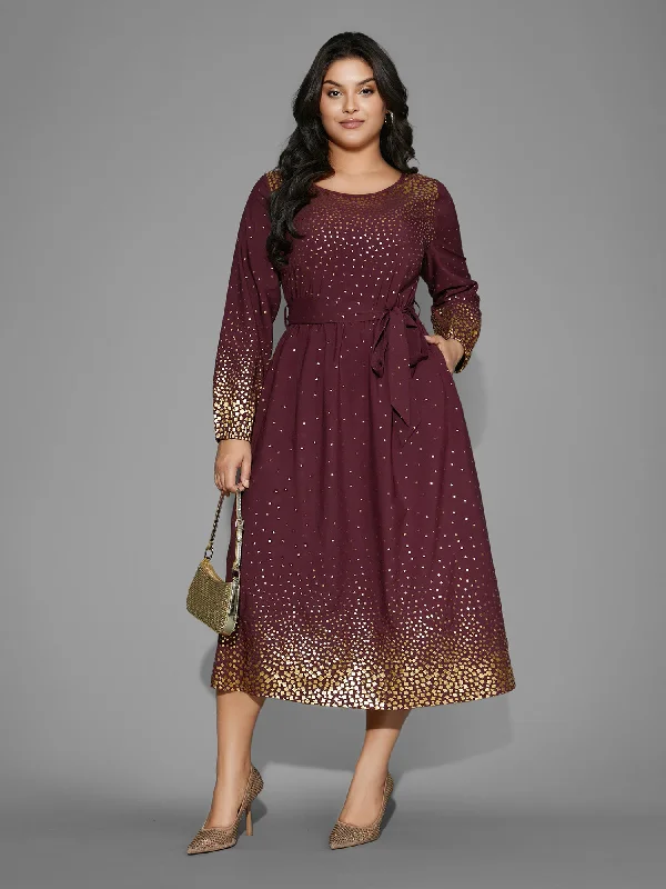 bohemian dressGlitter Round Neck Belted Lantern Sleeve Dress