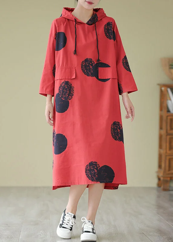 cocktail dressLoose Red Hooded Dot Print Cotton Dress Fall