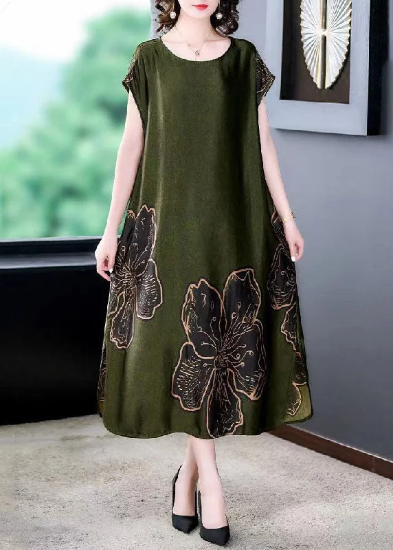 shift dressSimple Green O Neck Print Patchwork Silk Long Dresses Summer