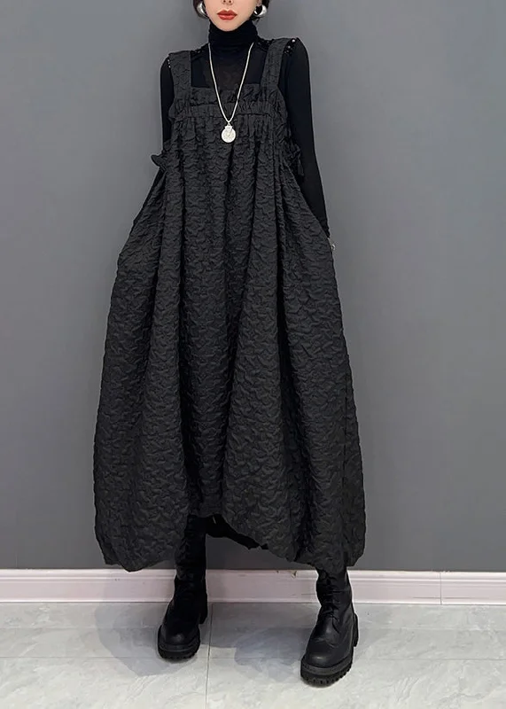 trendy dressCasual Black Wrinkled Pockets Patchwork Cotton Carpenter Dresses Fall