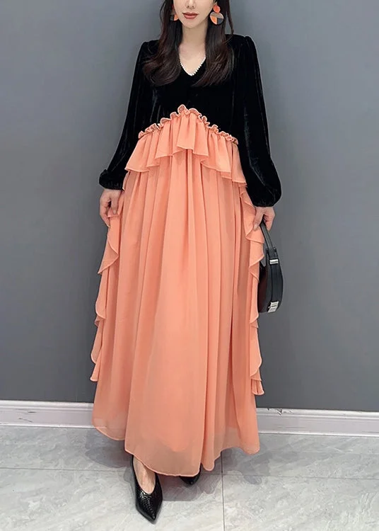 pleated dressHandmade Black Pink Ruffled Velour Patchwork Chiffon Dresses Fall