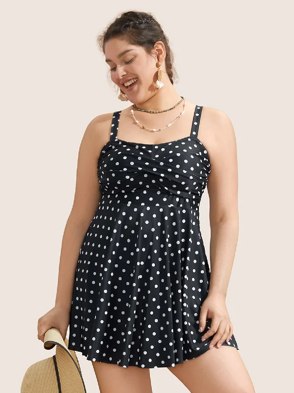 casual evening dressPolka Dot Crossover Ruched Flutter Hem Swim Dress