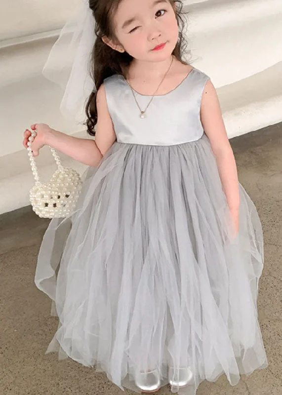 layered dressCute Grey O Neck Wrinkled Patchwork Tulle Baby Girls Party Dress Sleeveless