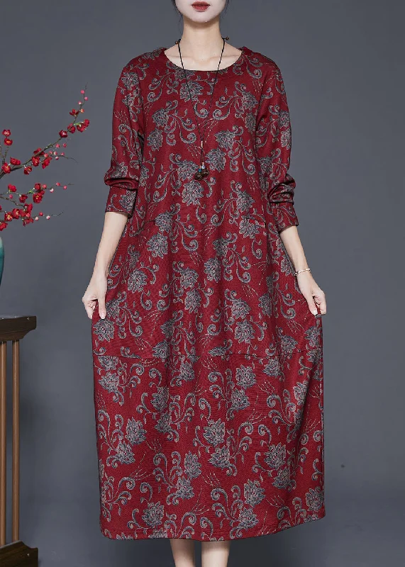 vintage dressRed Print Cotton Long Dresses O-Neck Oversized Fall