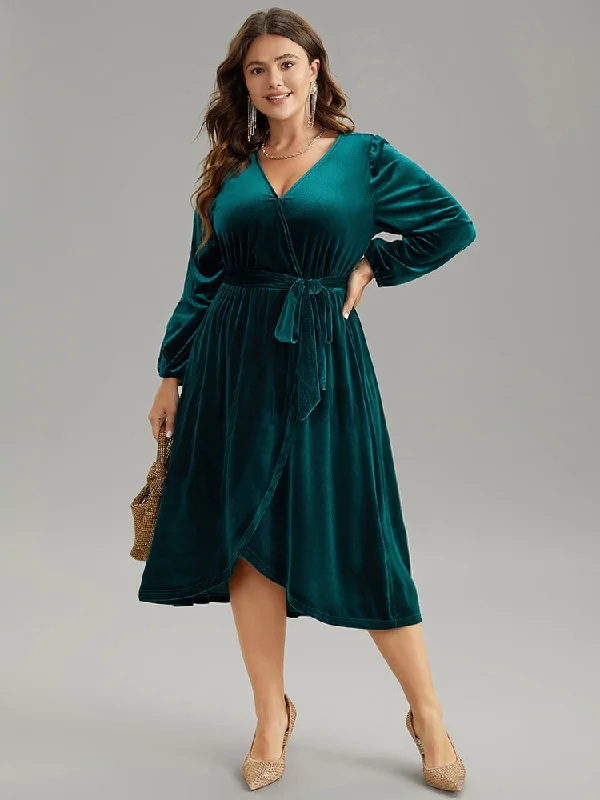 one-shoulder dressSolid Velvet Belted Wrap Arc Hem Dress