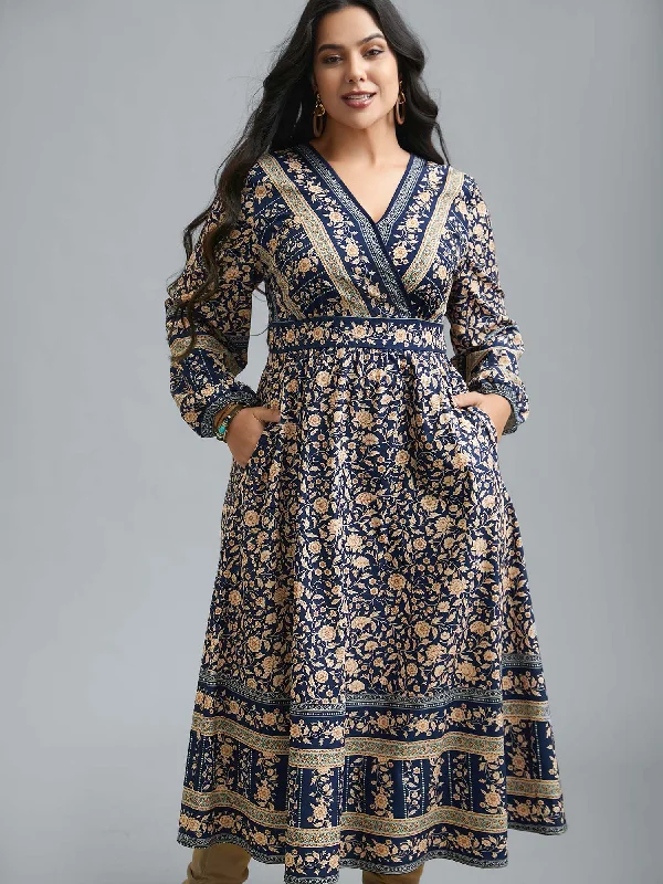 long-sleeve floral dressSurplice Neck Boho Print Elastic Waist Dress