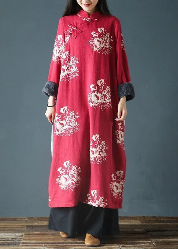 knit dressItalian Red Button Print Patchwork Fleece Long Dress Spring