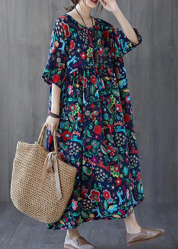 cocktail party dressNatural Blue O-Neck Print Wrinkled Cotton Long Dresses Summer