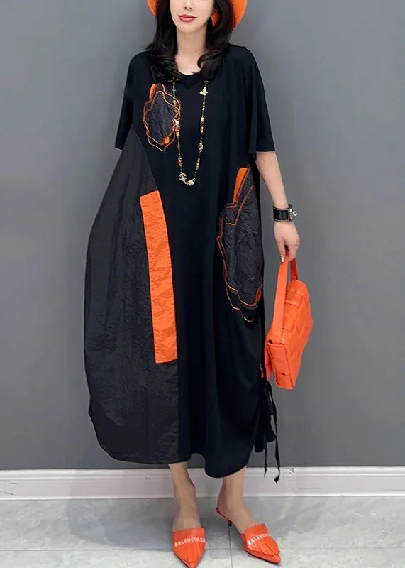 casual slip dressWomen Black O-Neck Patchwork Drawstring Holiday Long Dress Short Sleeve