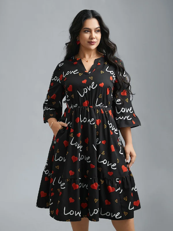 elegant evening dressNotched Collar Heart Print Tiered Midi Dress