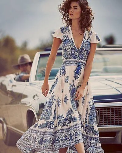 bohemian dressJuliaFashion-Anatolian Vibes White-Blue Midi Dress