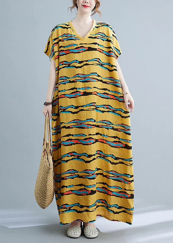 ruffle dressModern Yellow Striped Print Linen Long Dresses Short Sleeve