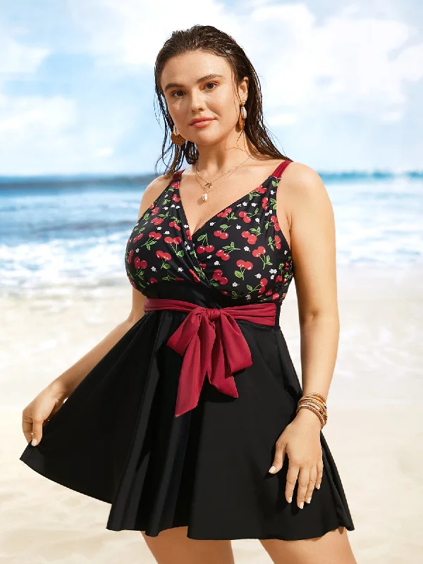 bodycon dressCherry Print Wrap Tie Knot Swim Dress