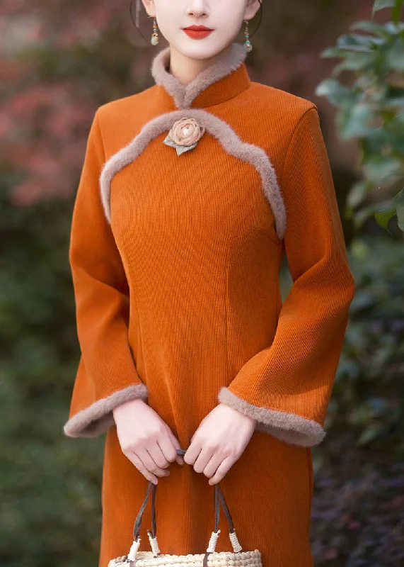 chic dressChinese Style Orange Stand Collar Patchwork Warm Fleece Dresses Long Sleeve