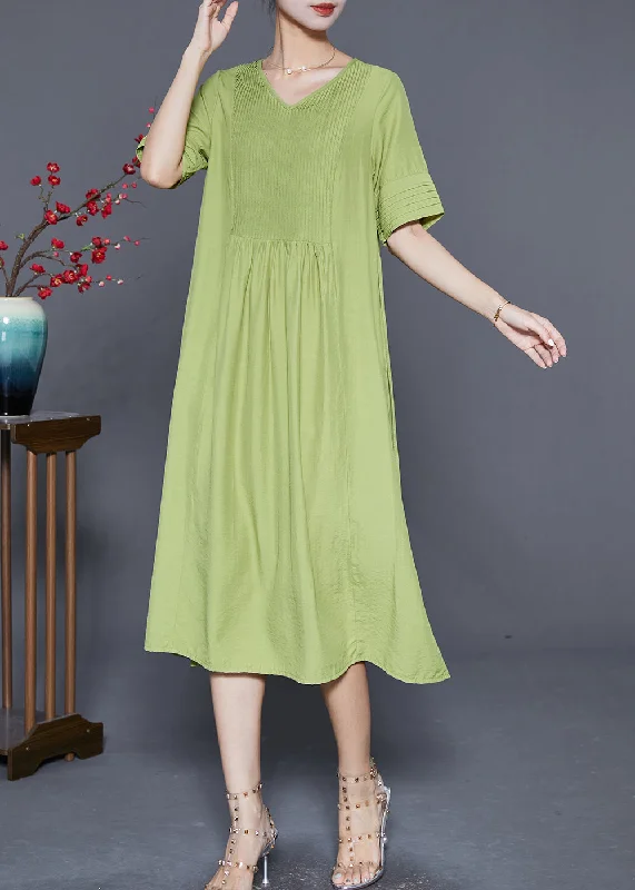 chic wrap dressNatural Green V Neck Wrinkled Cotton Maxi Dresses Summer