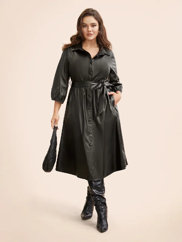 comfy dressShirt Collar PU Leather Belted Dress