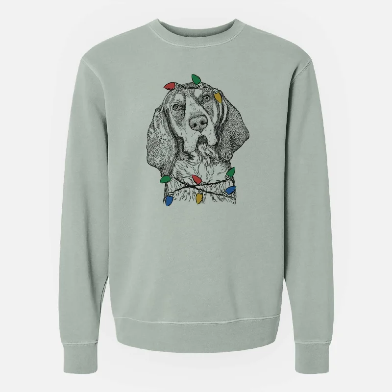 trendy sports sweatshirtChristmas Lights Huck the Bluetick Coonhound - Unisex Pigment Dyed Crew Sweatshirt