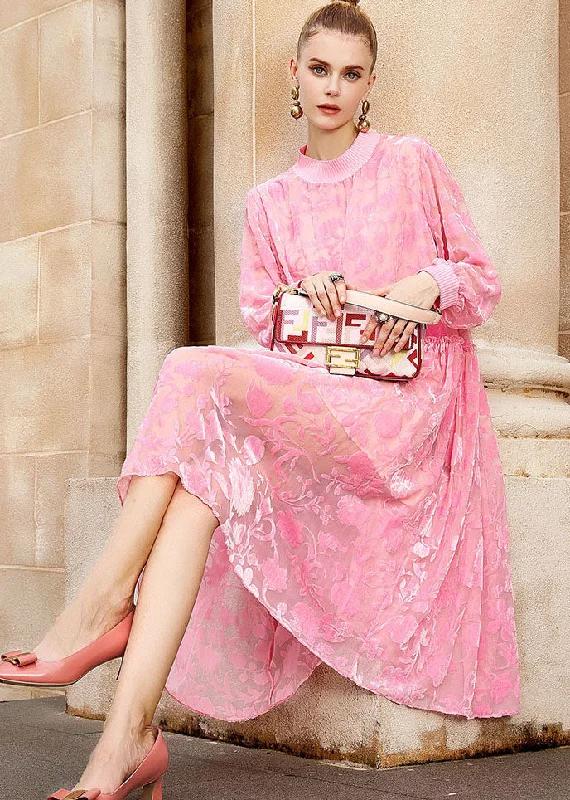 chic dressChic Pink O-Neck Embroidered Patchwork Wrinkled Silk Velour Long Dresses Long Sleeve