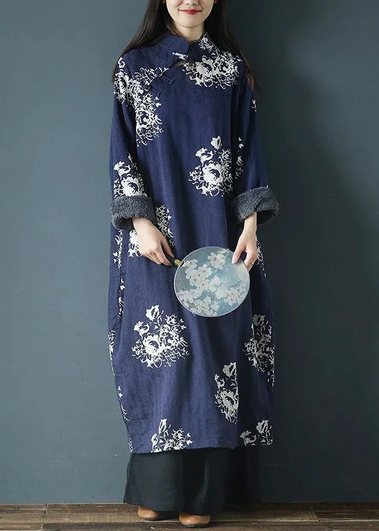 elegant shift dressBlue Print Patchwork Fleece Dress Stand Collar Long Sleeve