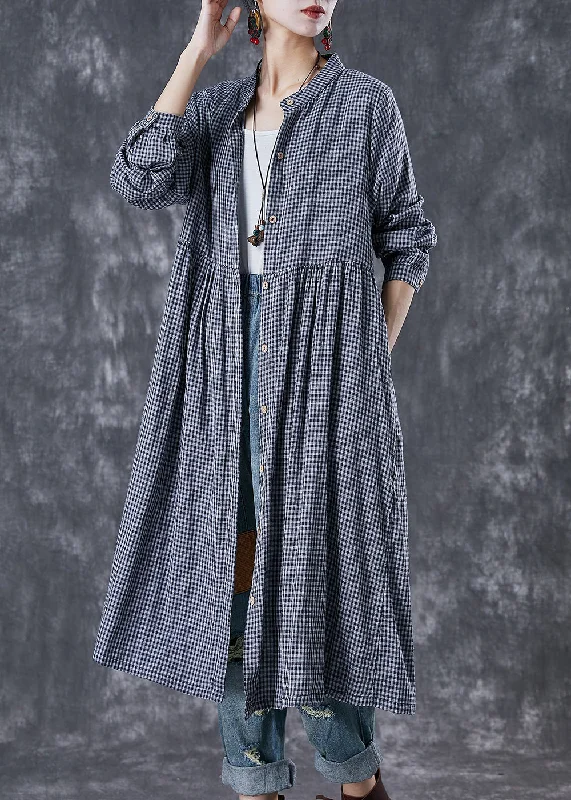 trendy bodycon dressNatural Grey Oversized Plaid Cotton Shirt Dresses Fall