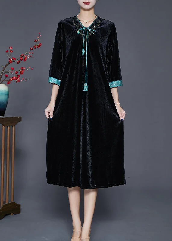 layered dressModern Black V Neck Neck Tie Silk Velour Dress Half Sleeve