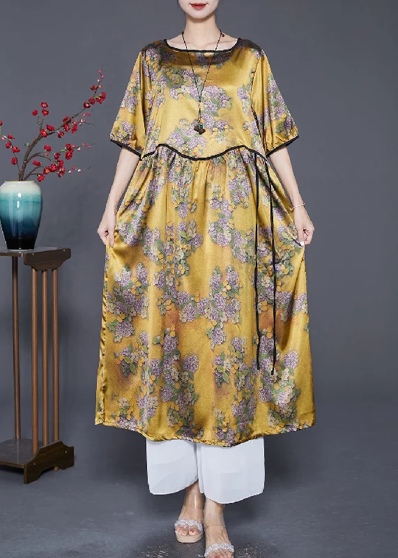 casual evening dressWomen Yellow Oversized Print Silk Long Dresses Summer