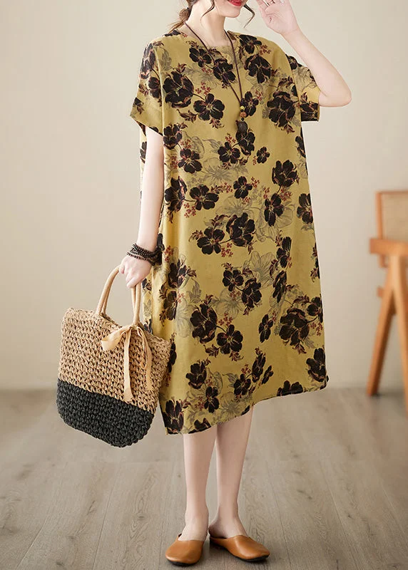 stylish dressFrench Yellow Print Patchwork Holiday Long Dress Short Sleeve